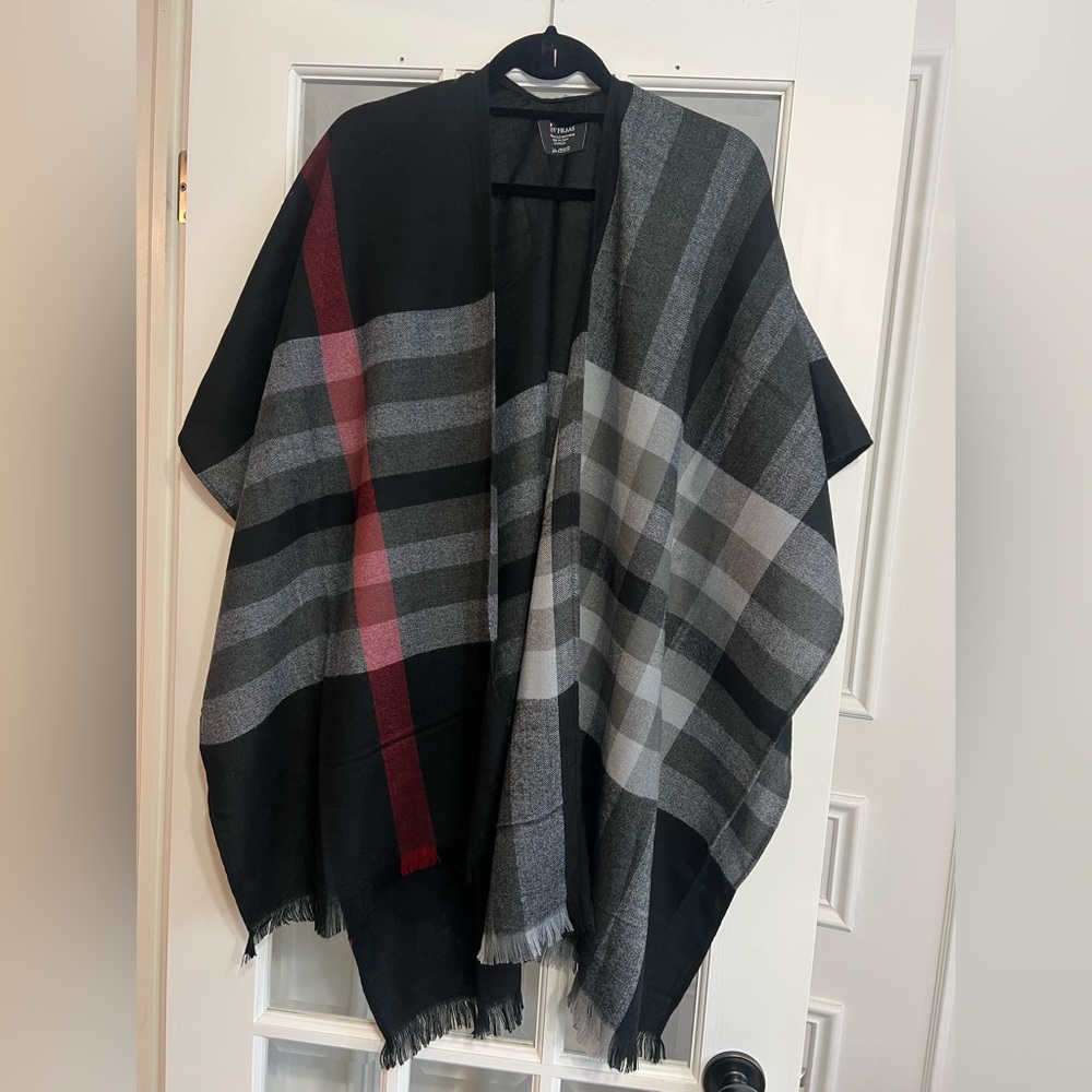 Plaid Black and Gray Shawl with Red Accent